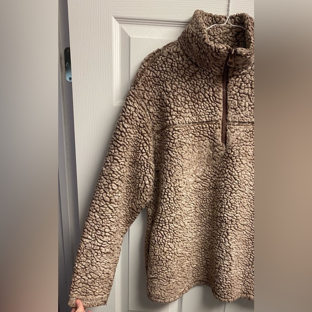 Zenana Boutique Sherpa Quarter Zip Pullover In Tan/Brown Size Large - Picture 2 of 5